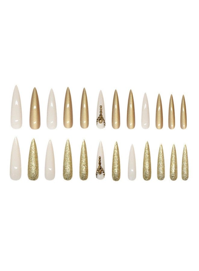 Maigitur Gold Press on Nails Long Stiletto Fake Nails with Design Golden Glitter Glue on Nails Rhinestone Fake Nails Glossy Reusable Artificial Gold Nails for Women Girls Manicure 24pcs - Image 5